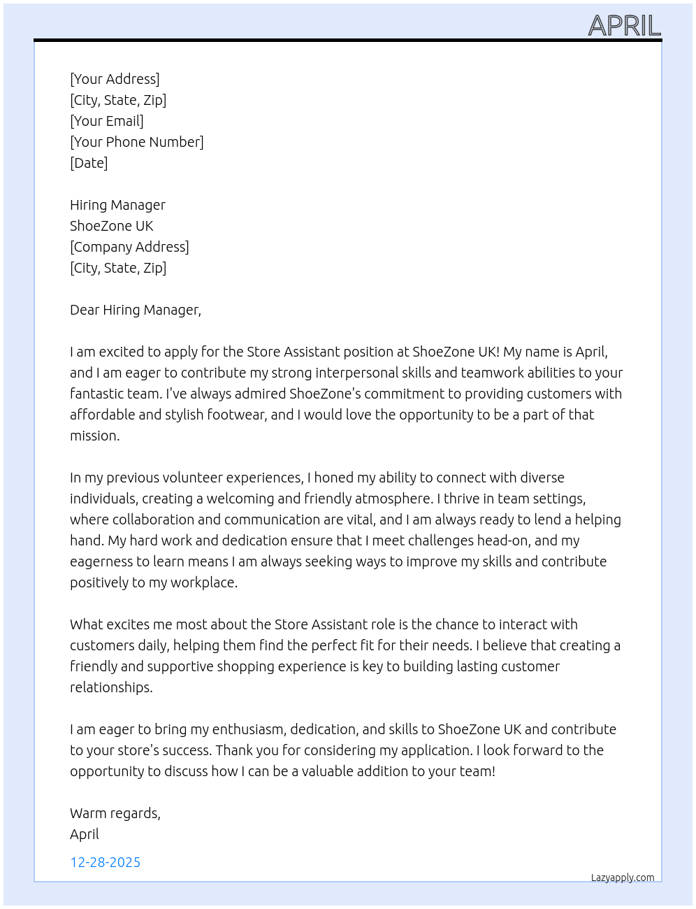 Store assistant At ShoeZone UK Cover Letter