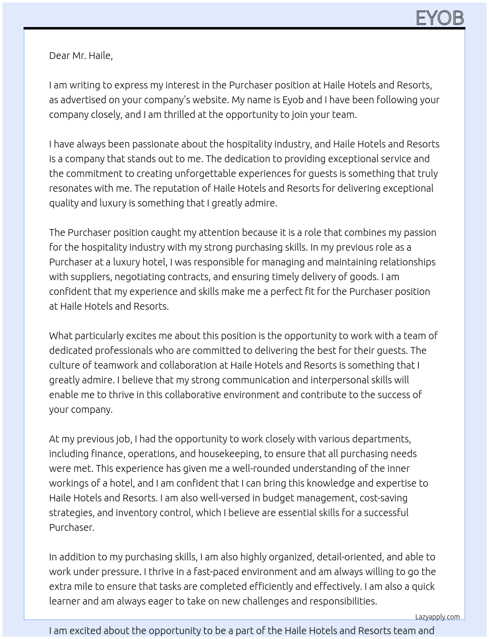 Purchaser At Haile Hotels and Resorts Cover Letter