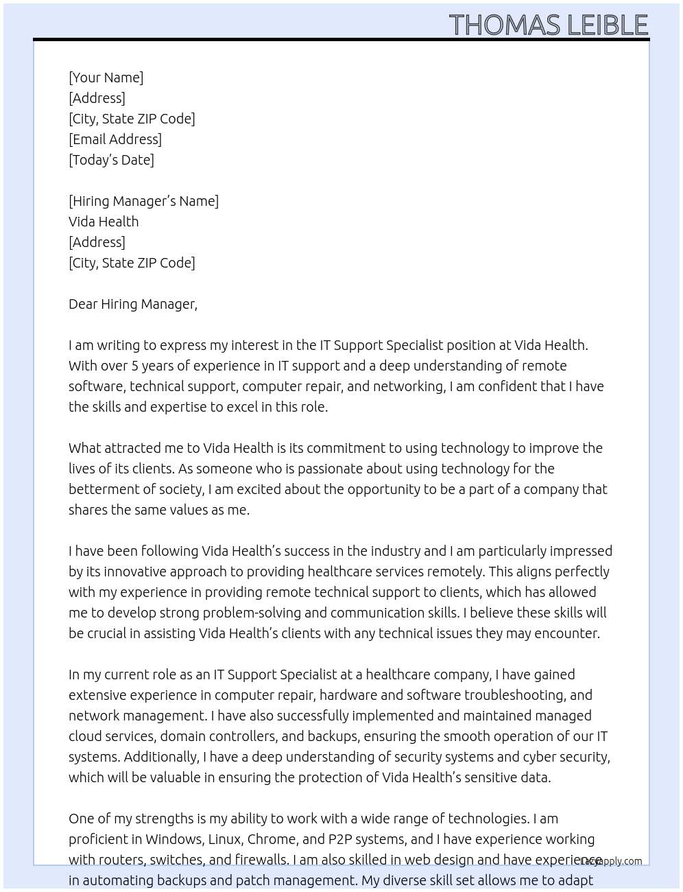 IT Support Specialist At Vida Health Cover Letter