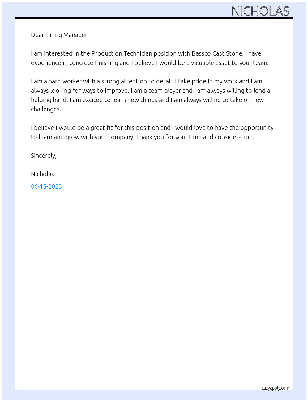 Production Technician At Bassco Cast Stone Cover Letter