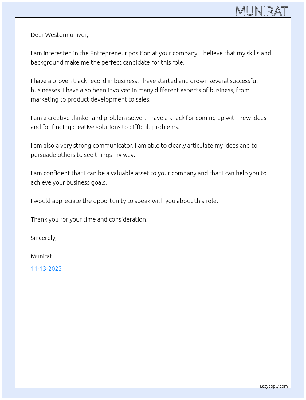 Entrepreneur At Western univer Cover Letter