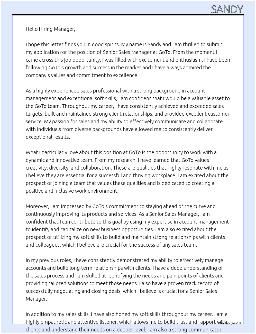 Senior Sales Manager At GoTo Cover Letter