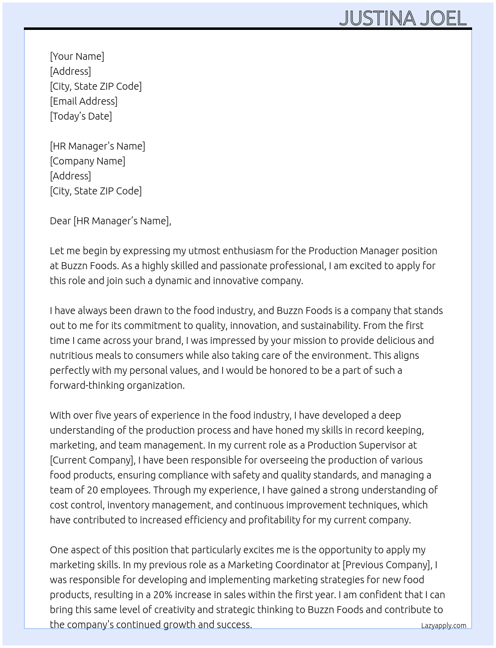 Production Manager At Buzzn Foods Cover Letter