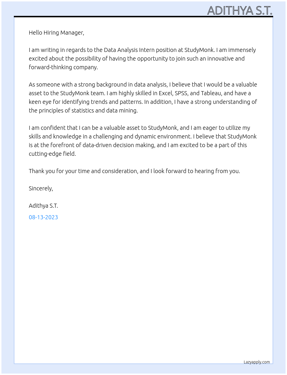 Data Analysis Intern At StudyMonk Cover Letter