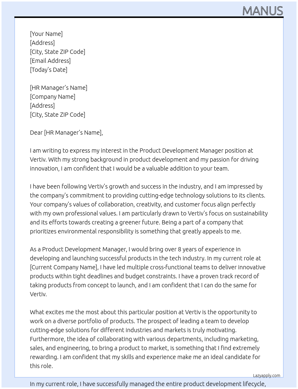 Product development manager  At Vertiv Cover Letter