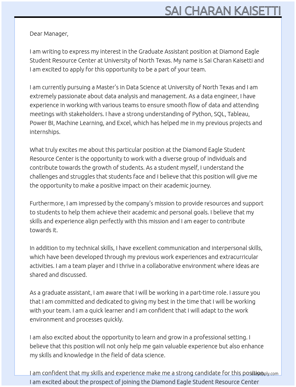 Graduate Assistant At Diamond Eagle Student Resource Center at University of North Texas Cover Letter