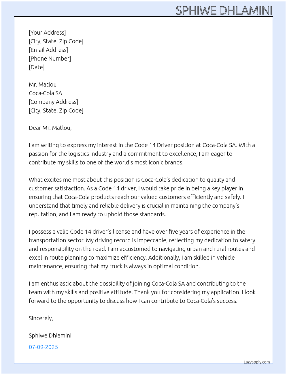 Code 14 driver  At Coca Cola SA Cover Letter