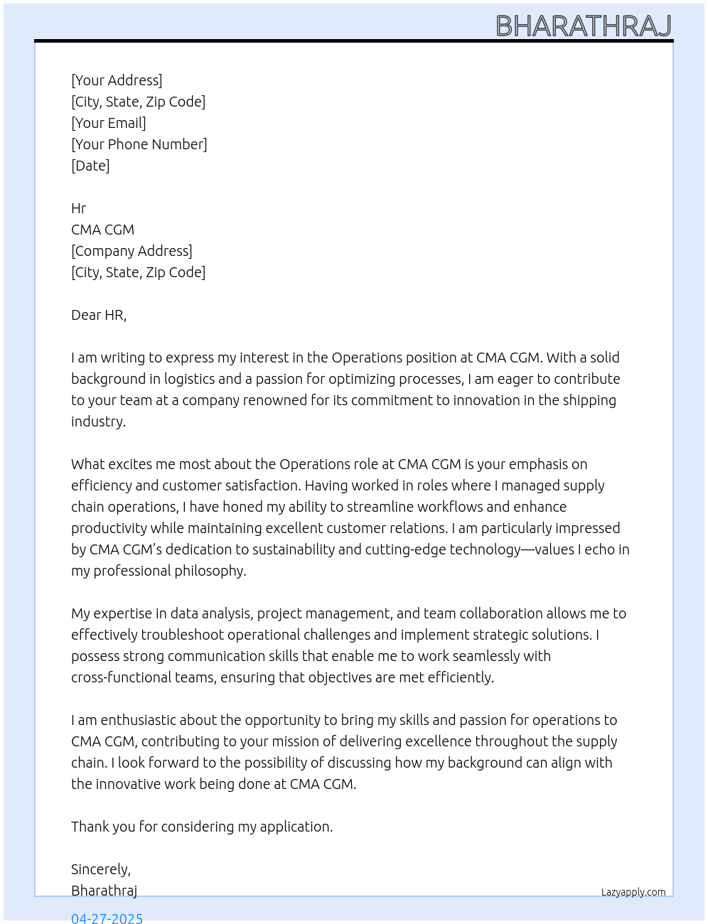 Operation At Cma cgm Cover Letter