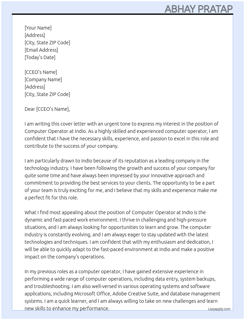 Computer operator At Indio Cover Letter