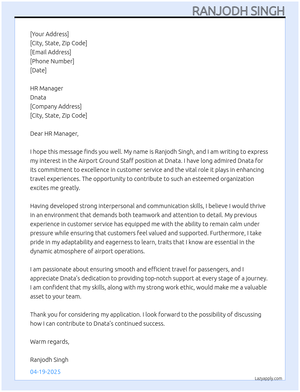 Airport ground staff At Dnata Cover Letter