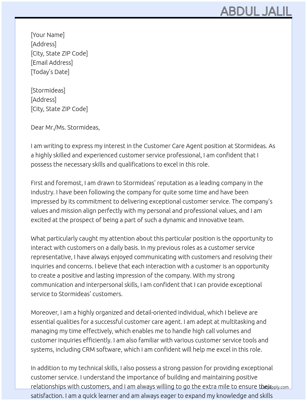 Customer Care Agent At STORMIDEAS Cover Letter