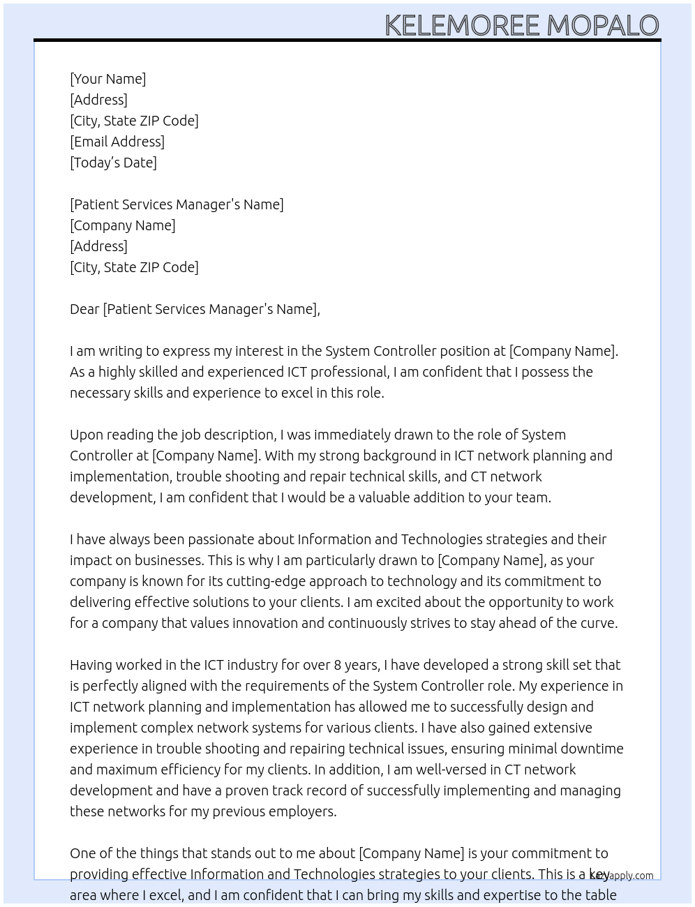 Cover letter for system controller - LazyApply