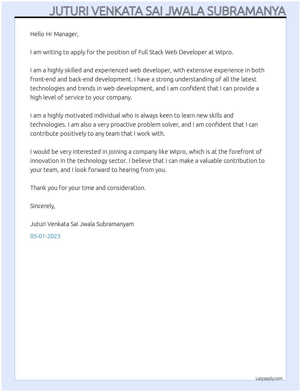 FULL STACK WEB DEVELOPER At WIPRO Cover Letter