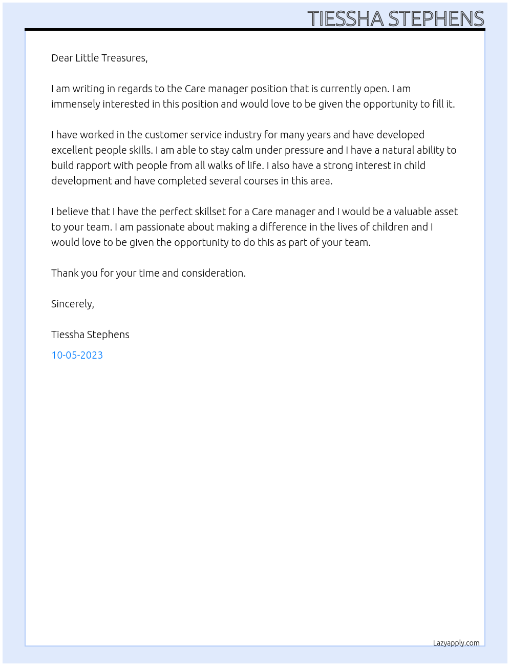 Care  manager  At Little  Treasures, Cover Letter
