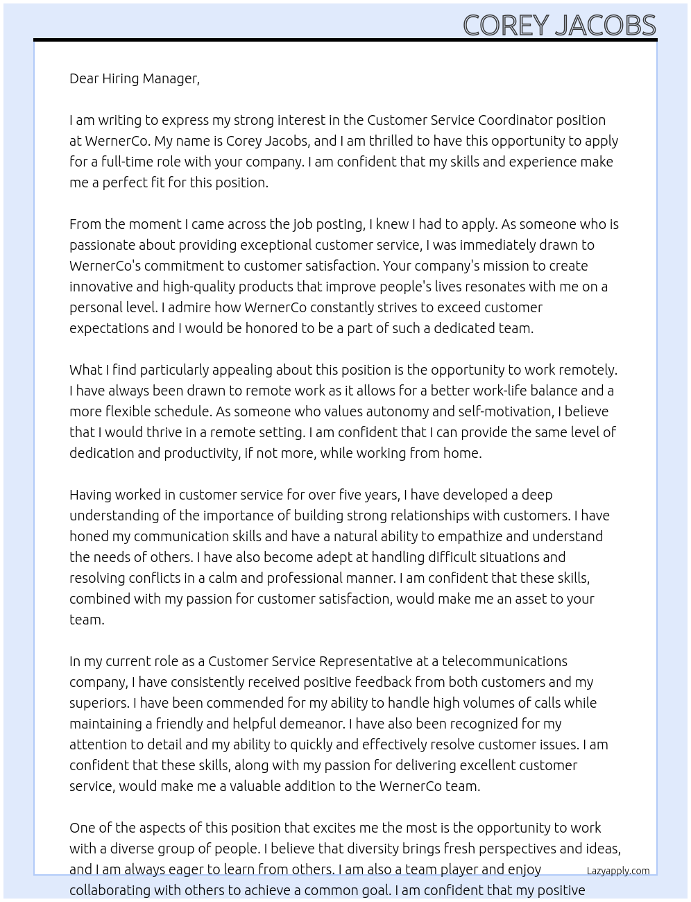 Customer Service Coordinator At WernerCo Cover Letter