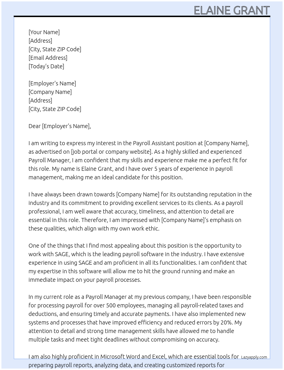 Payroll Assistant At Any Cover Letter