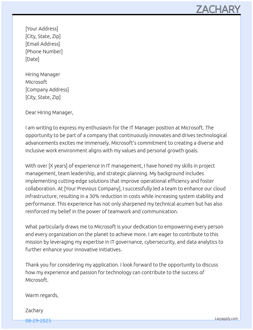 IT Manager At Microsoft Cover Letter
