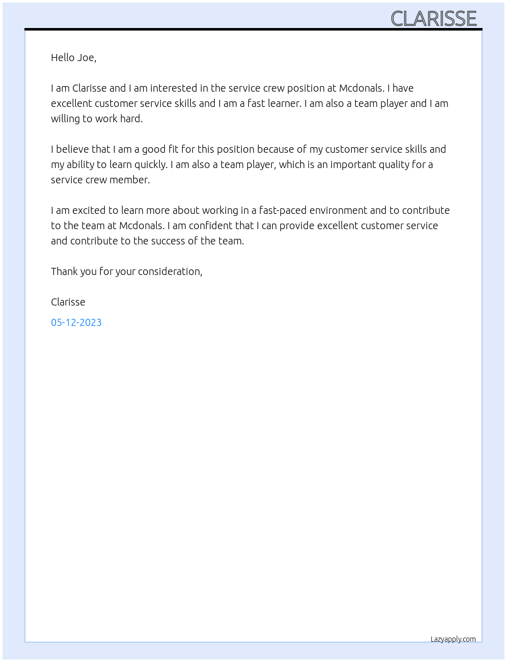 Service Crew At Mcdonals Cover Letter