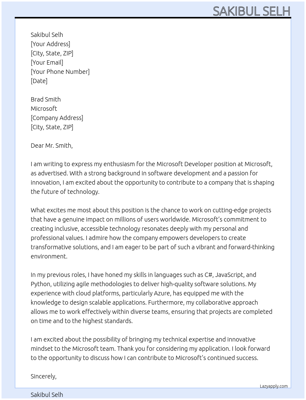 Microsoft Developer At Microsoft Cover Letter