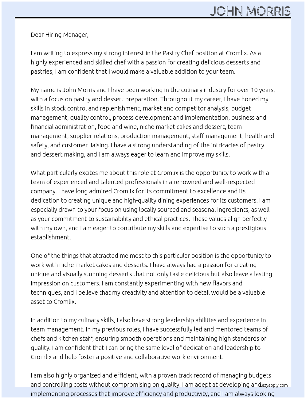 Pastry Chef At Cromlix Cover Letter