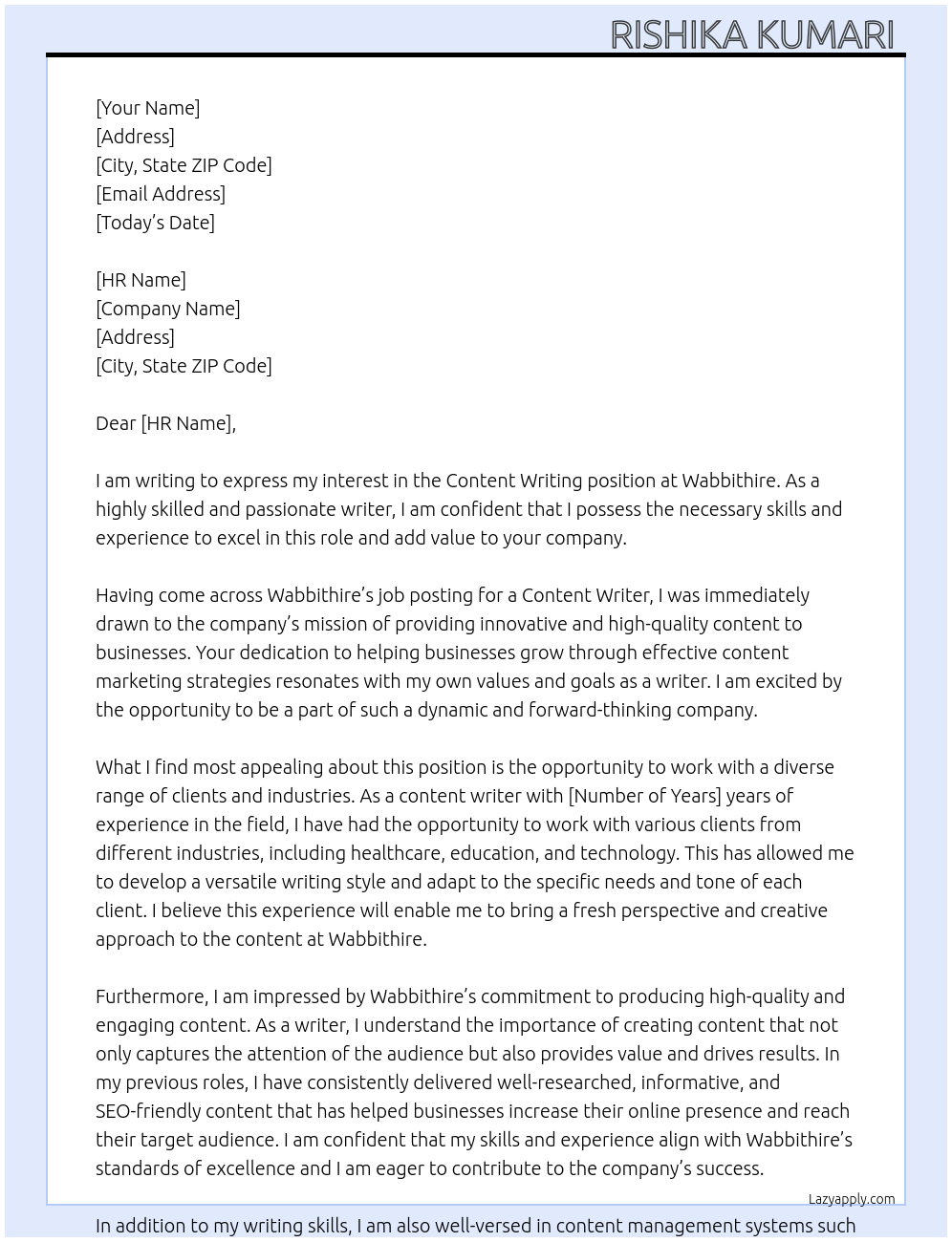 Content writing At Wabbithire Cover Letter