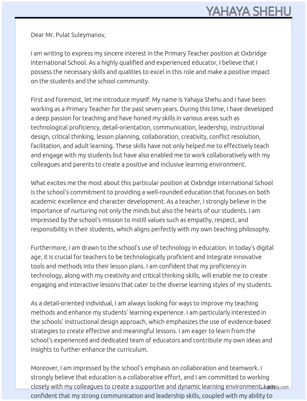 Primary Teacher At Oxbridge International School Cover Letter