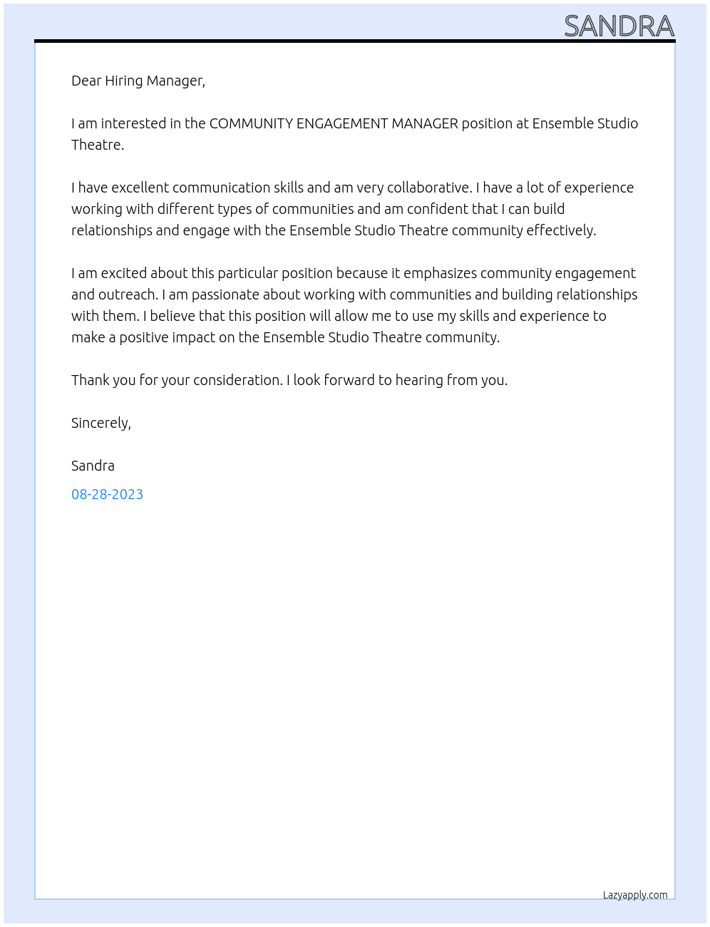 COMMUNITY ENGAGEMENT MANAGER At Ensemble Studio Theatre Cover Letter