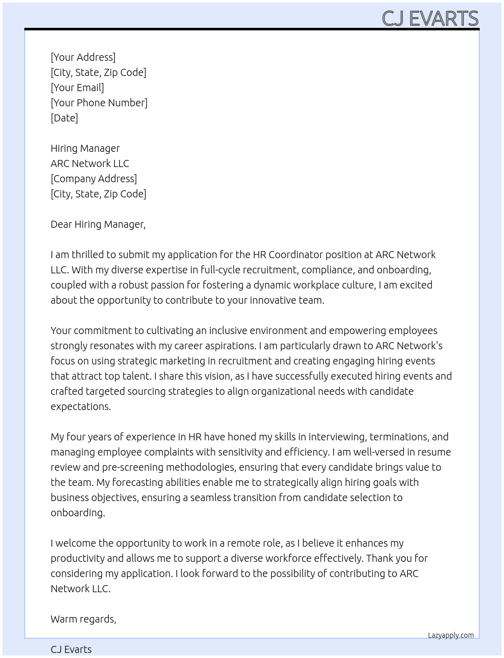 HR Coordinator At ARC Network LLC Cover Letter