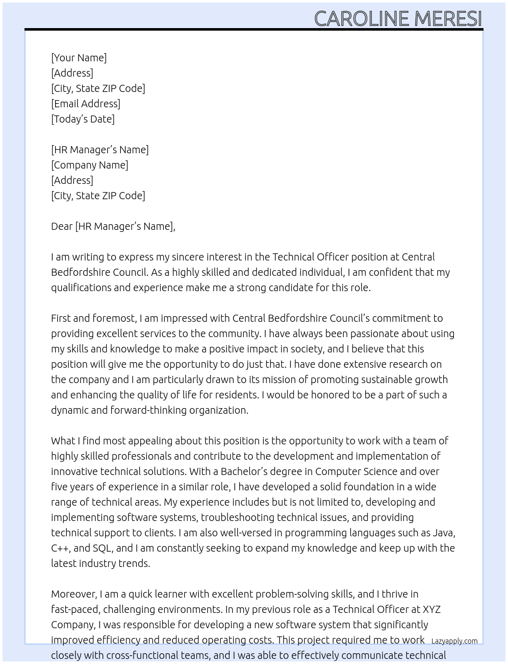 Technical officer At Central Bedfordshire cluncil Cover Letter