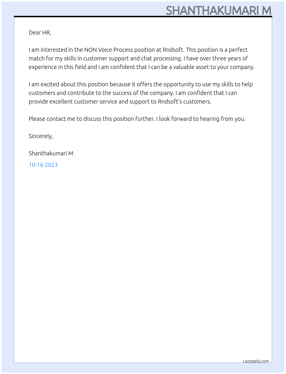 NON Voice Process At Rndsoft Cover Letter