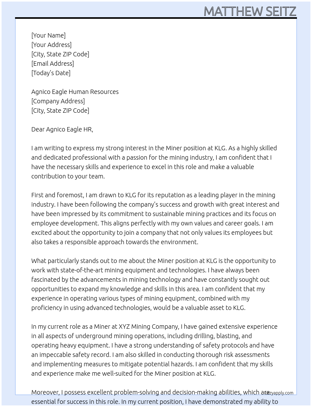 Miner At KLG Cover Letter