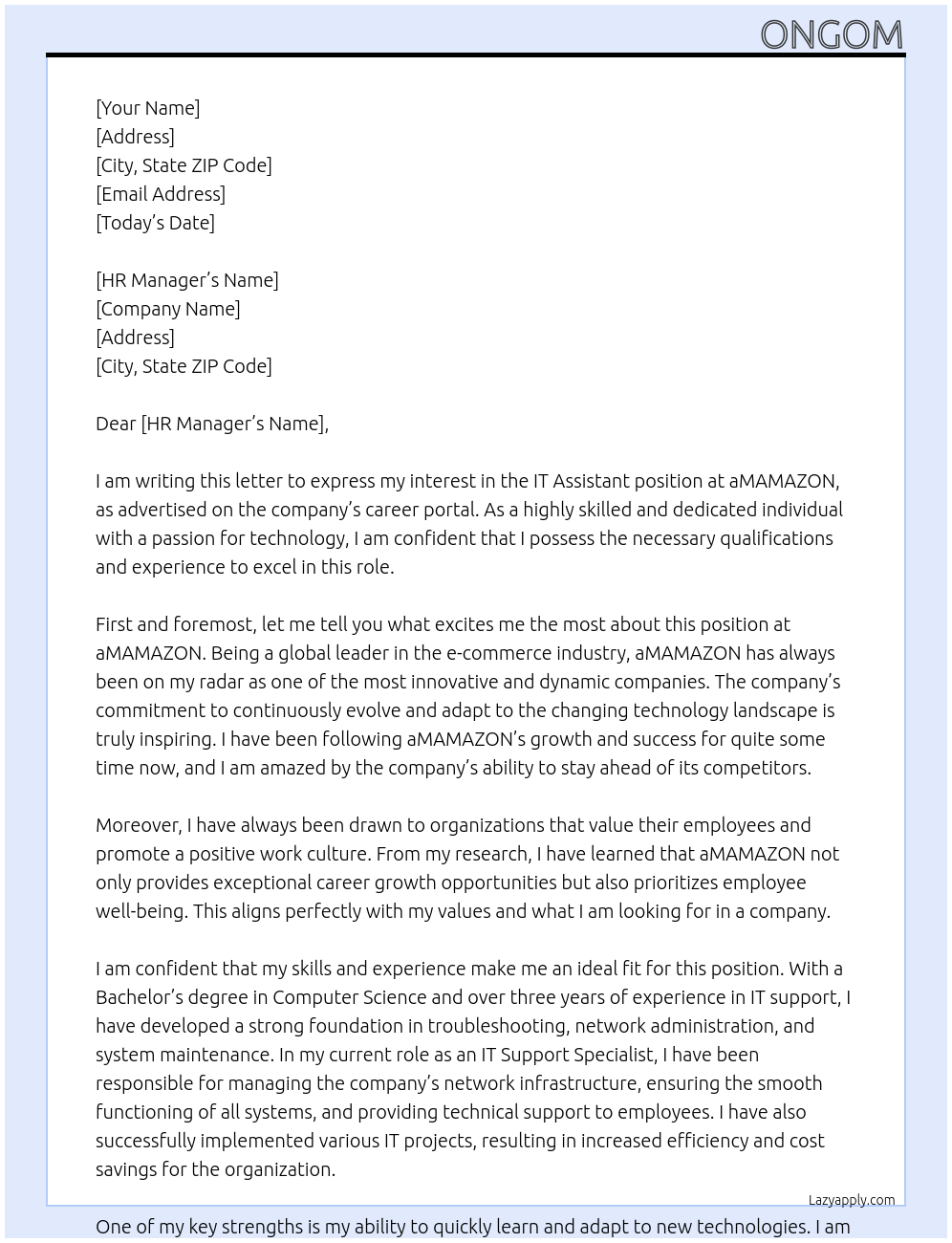 IT ASSISTANT At aMAMAZON Cover Letter