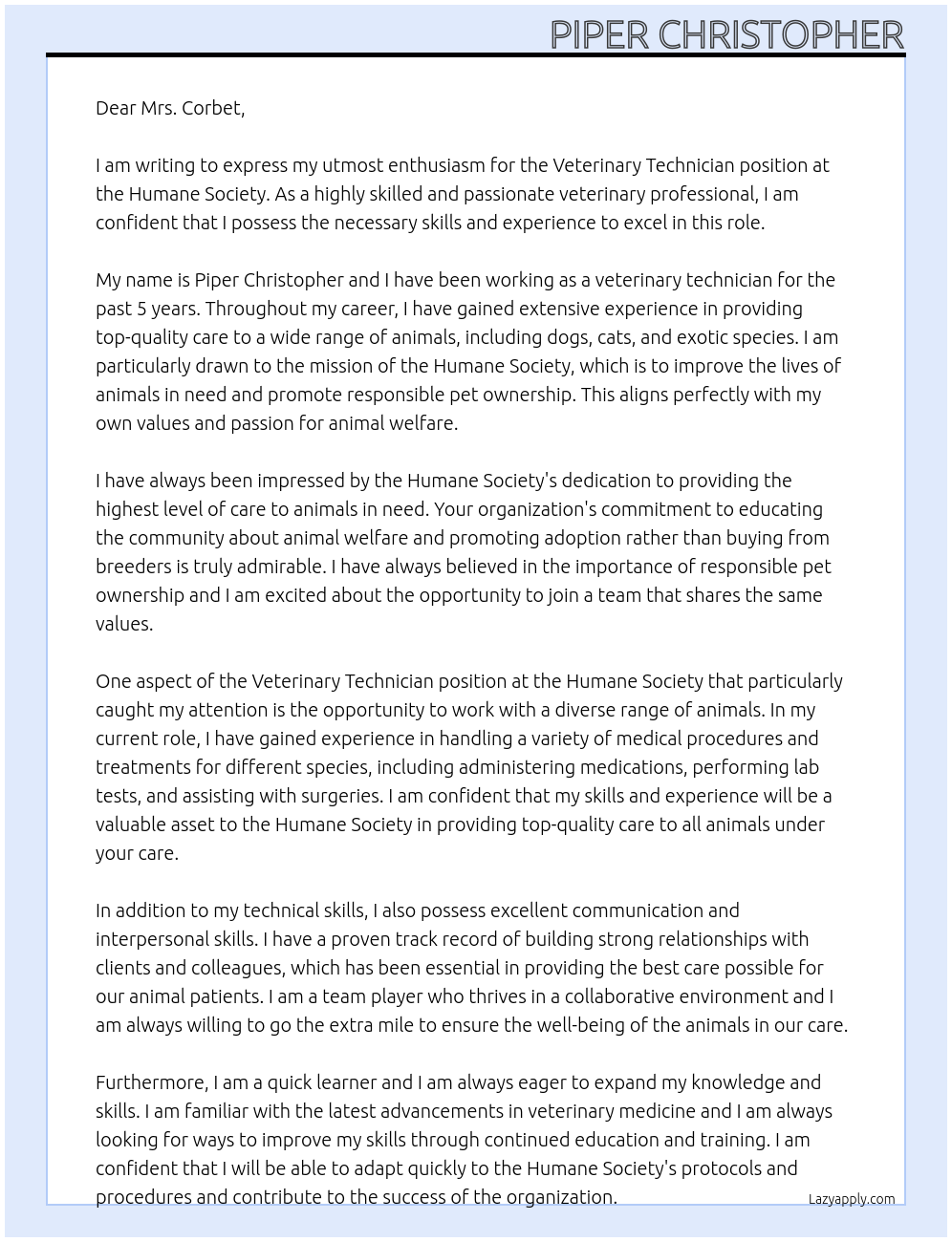 Veterinary technician At Humane Society Cover Letter