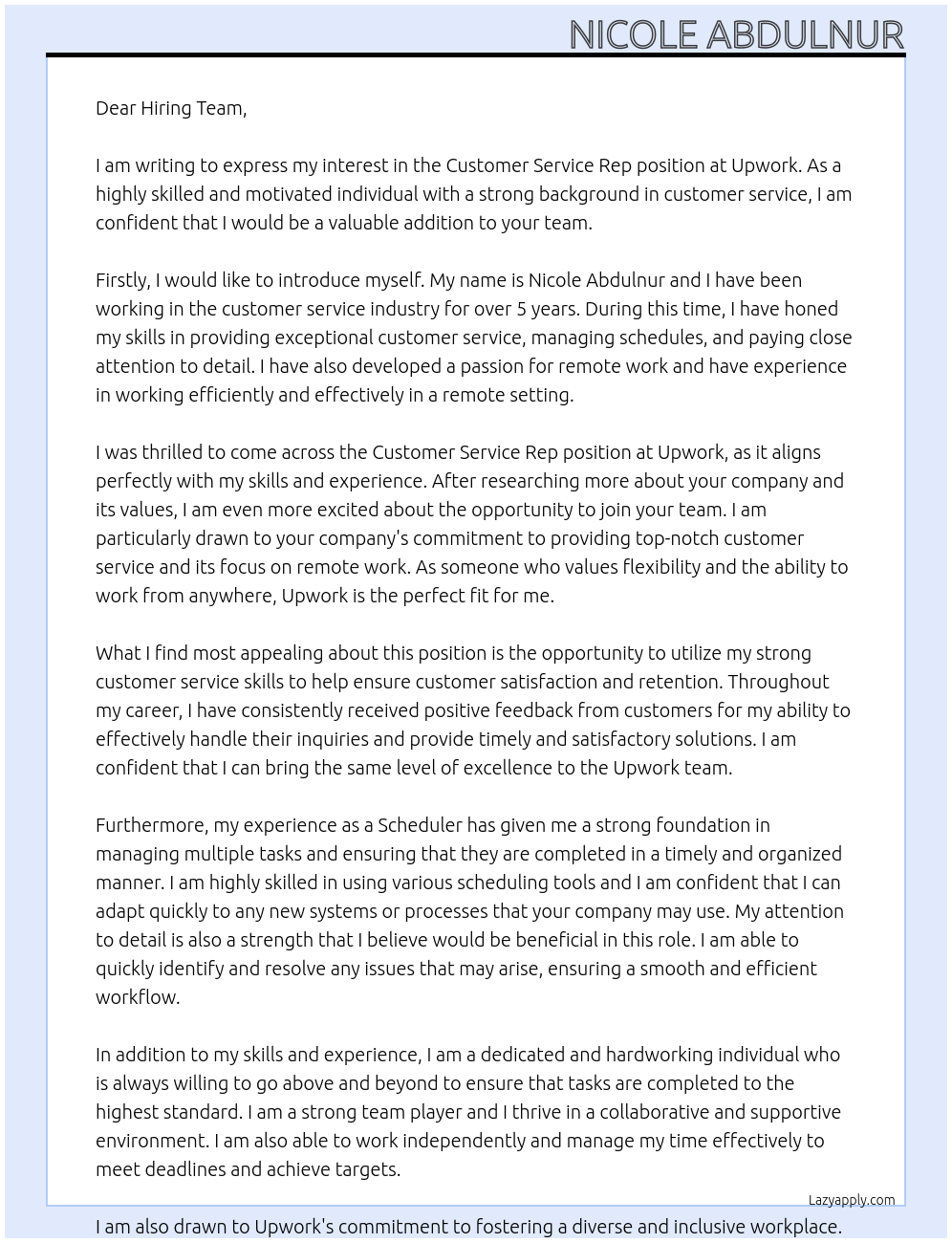 Customer Service Rep At Upwork position Cover Letter