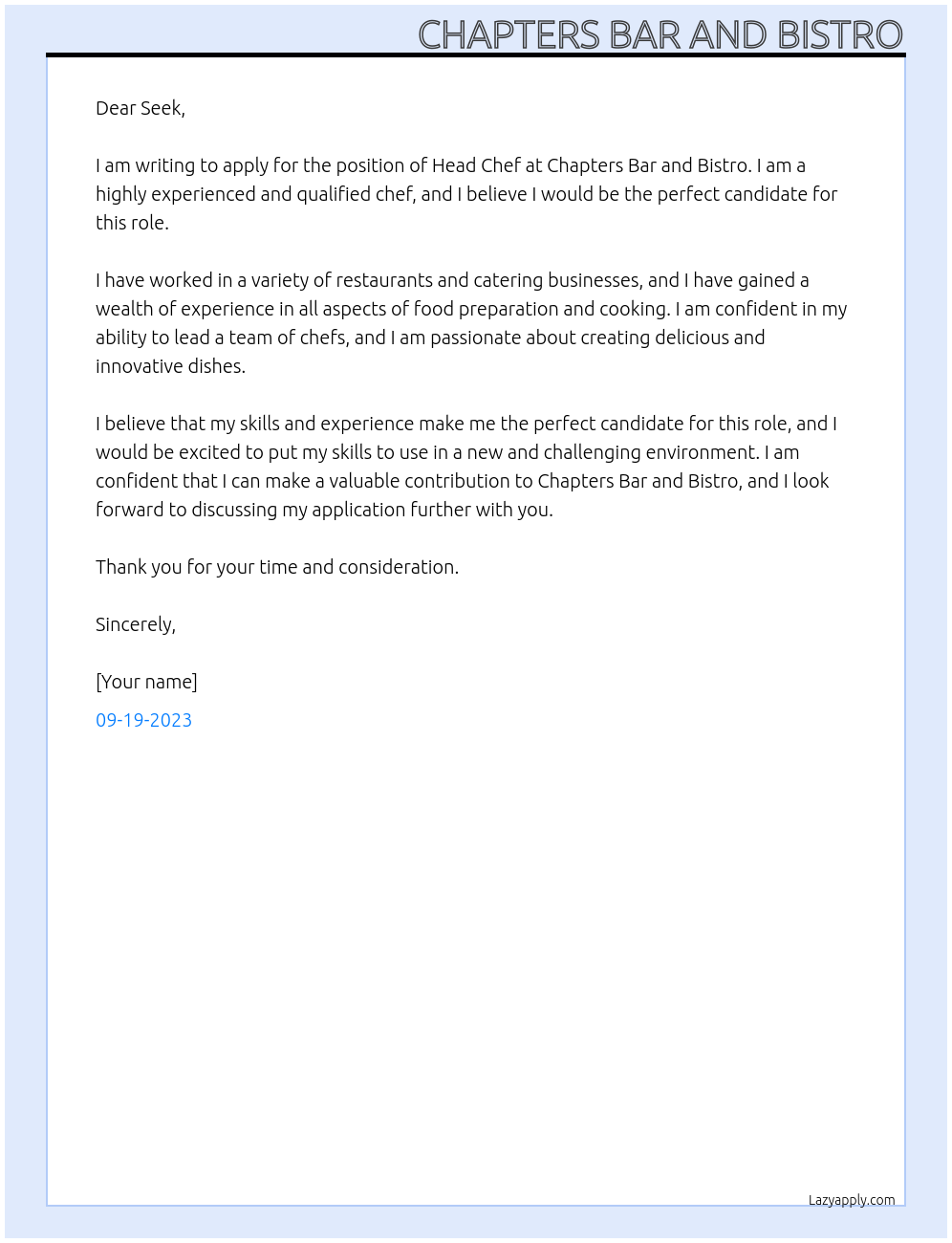 head chef At seek Cover Letter