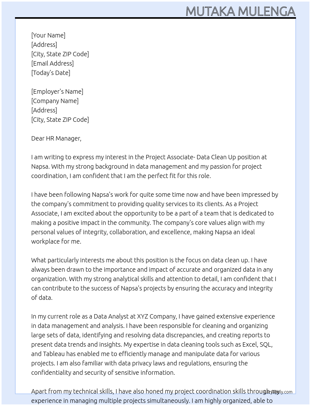 Cover letter for project associate- data clean up - LazyApply