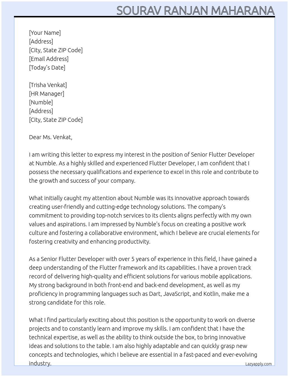 Senior Flutter Developer At Numble Cover Letter