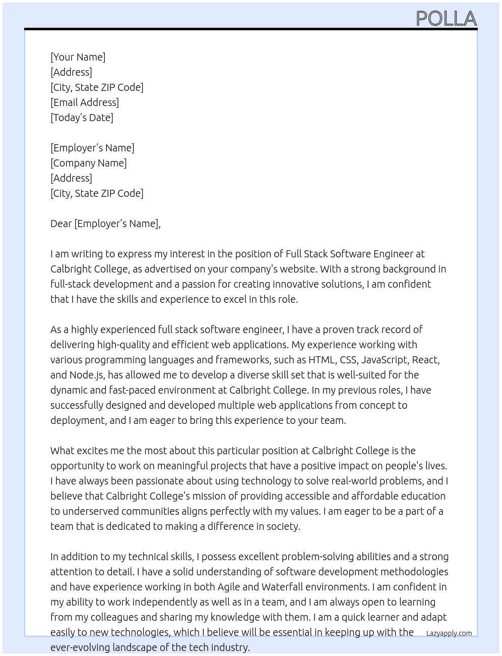 Full Stack Software Engineer  At Calbright college Cover Letter