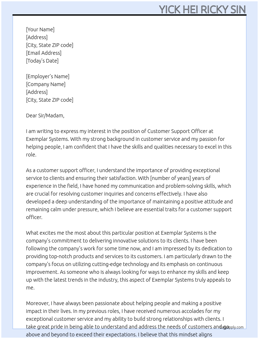 customer support officer At Exemplar Systems Cover Letter