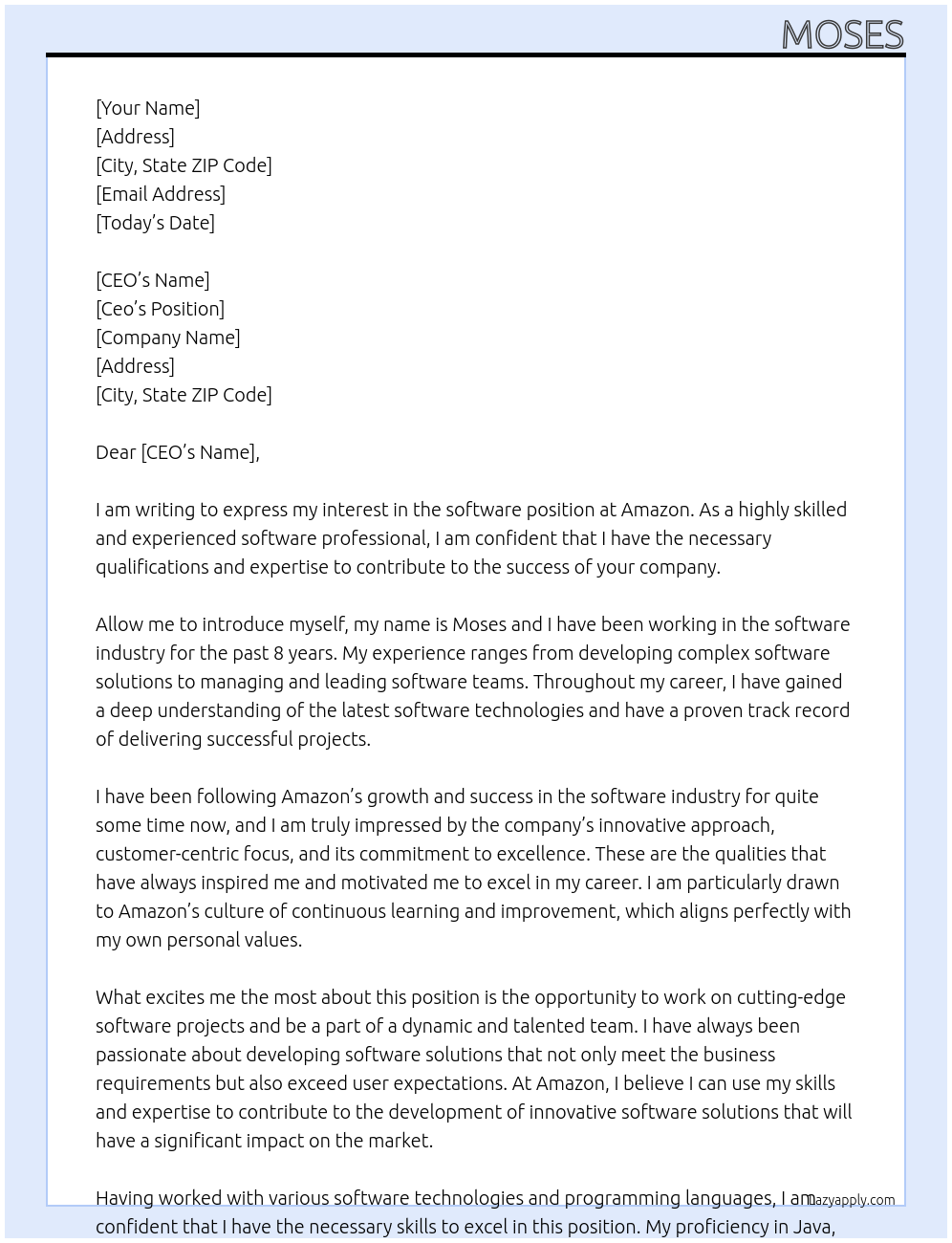 software At amamzon  Cover Letter