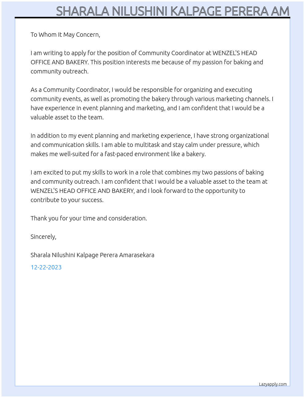 Community Coordinator At WENZEL'S HEAD OFFICE AND BAKERY Cover Letter