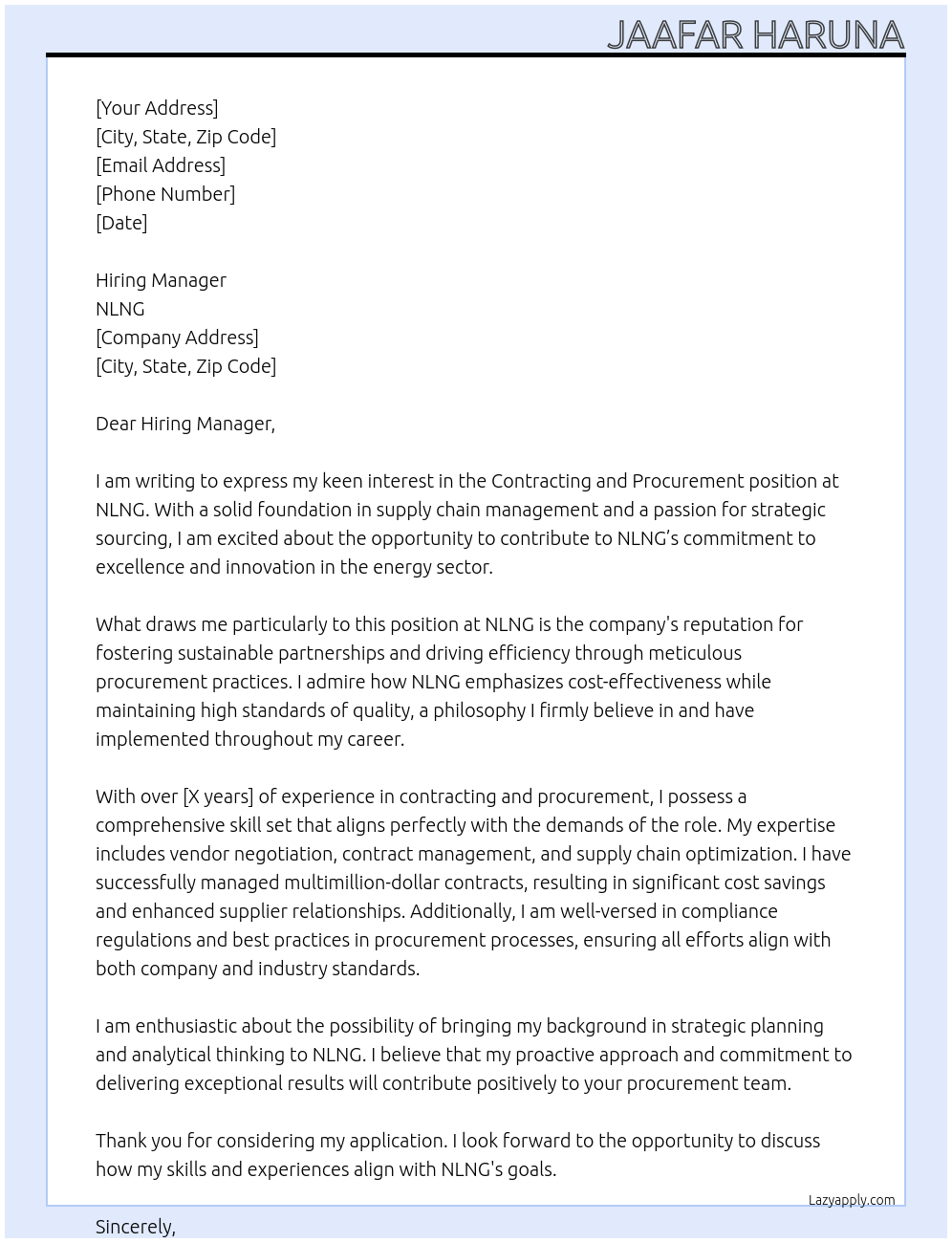 contracting and procurement At nlng Cover Letter