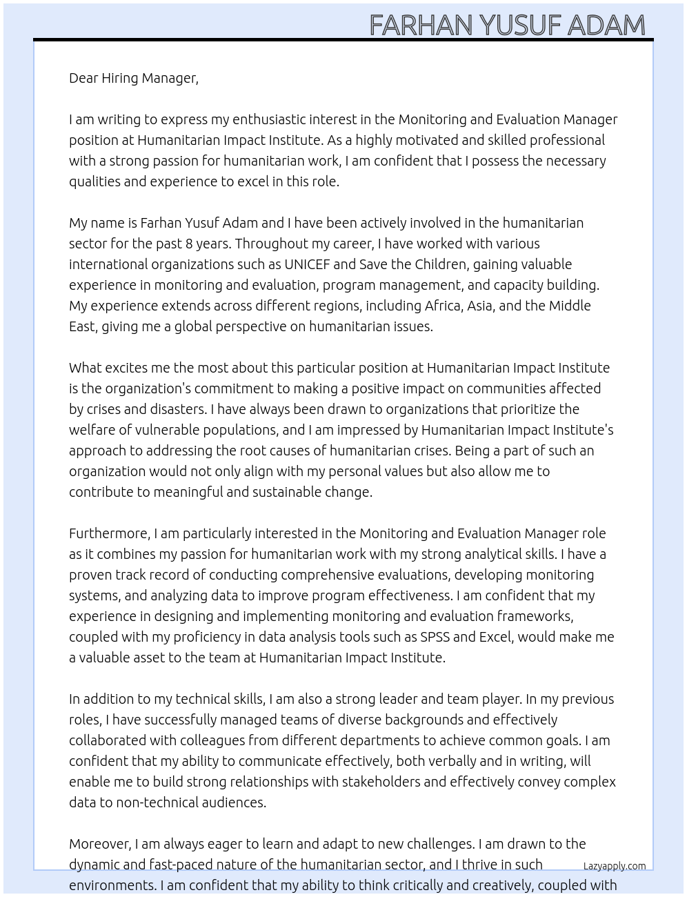 Monitoring and Evaluation Manager  At Humanitarian Impact Institute  Cover Letter