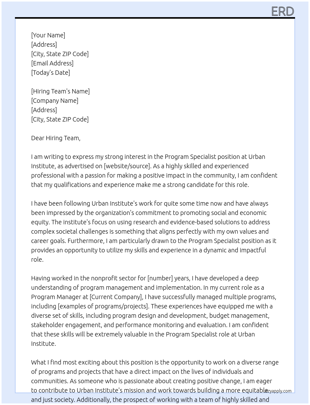 Program Specialist At Urban Institute Cover Letter