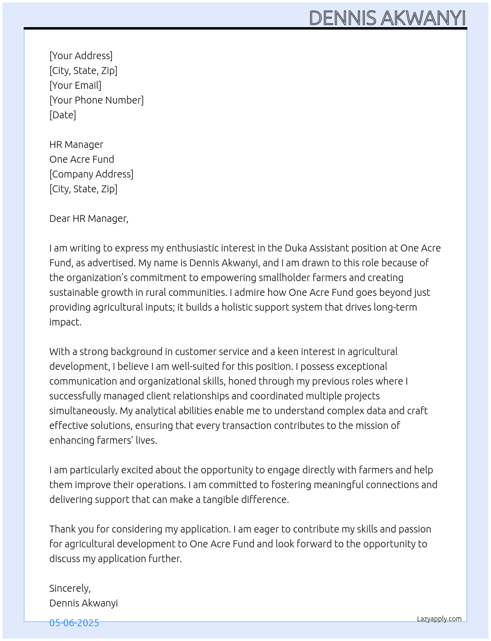 Duka assistant job At One acre fund Cover Letter