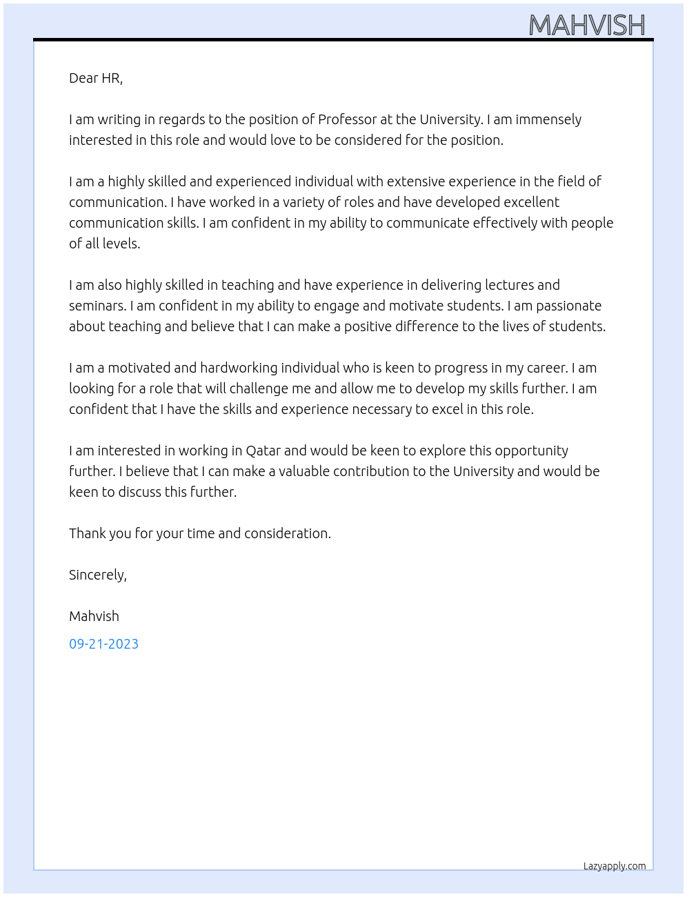 PROFESSOR At UNIVERSITY Cover Letter