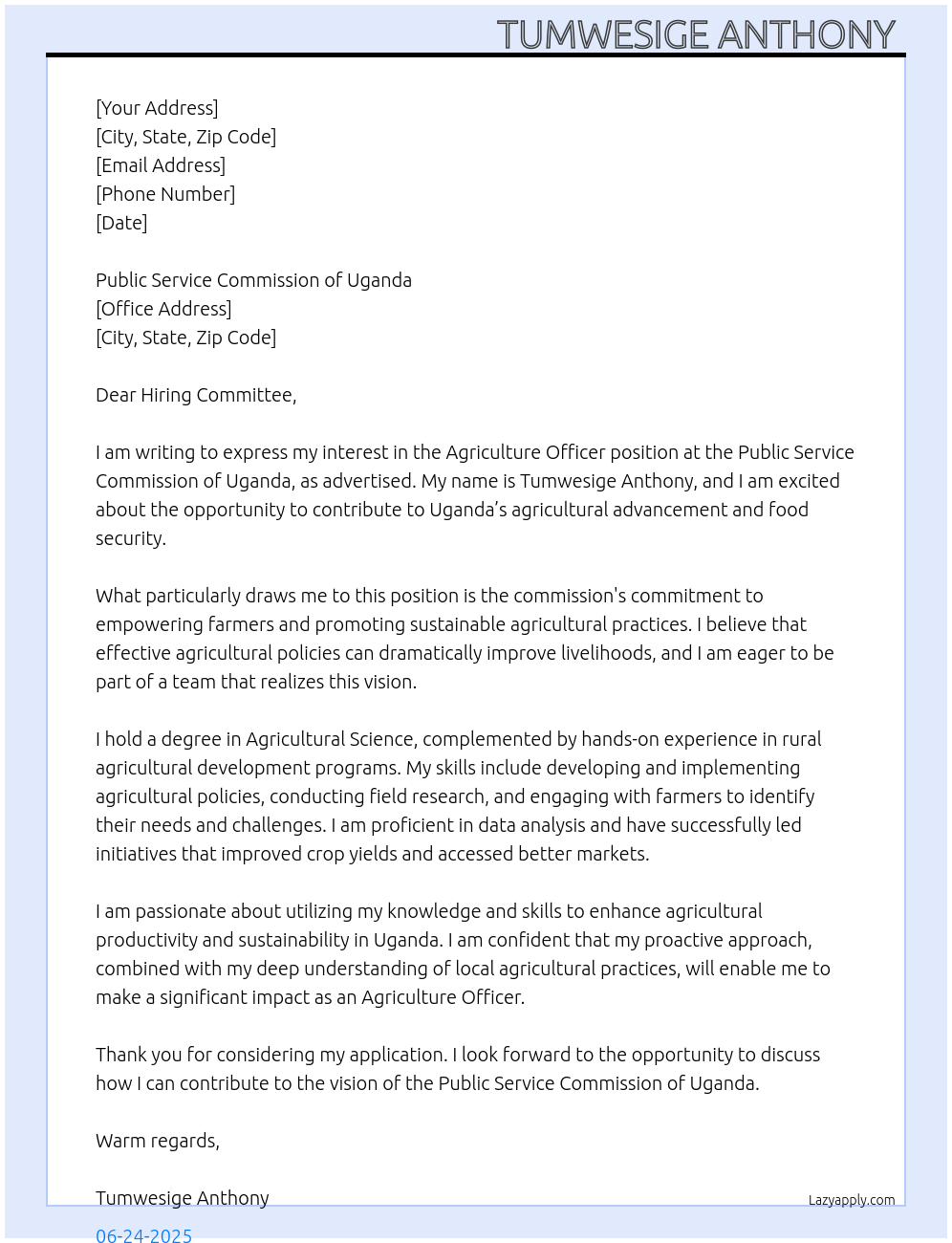 Cover letter for agriculture officer - LazyApply