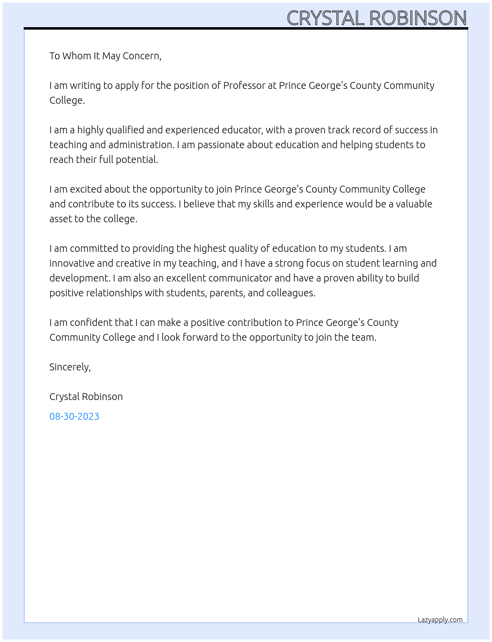 Professor At Prince George's County Community College Cover Letter