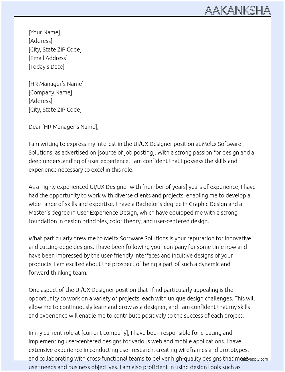 UI/UX Designer At Meltx Software Solutions Cover Letter