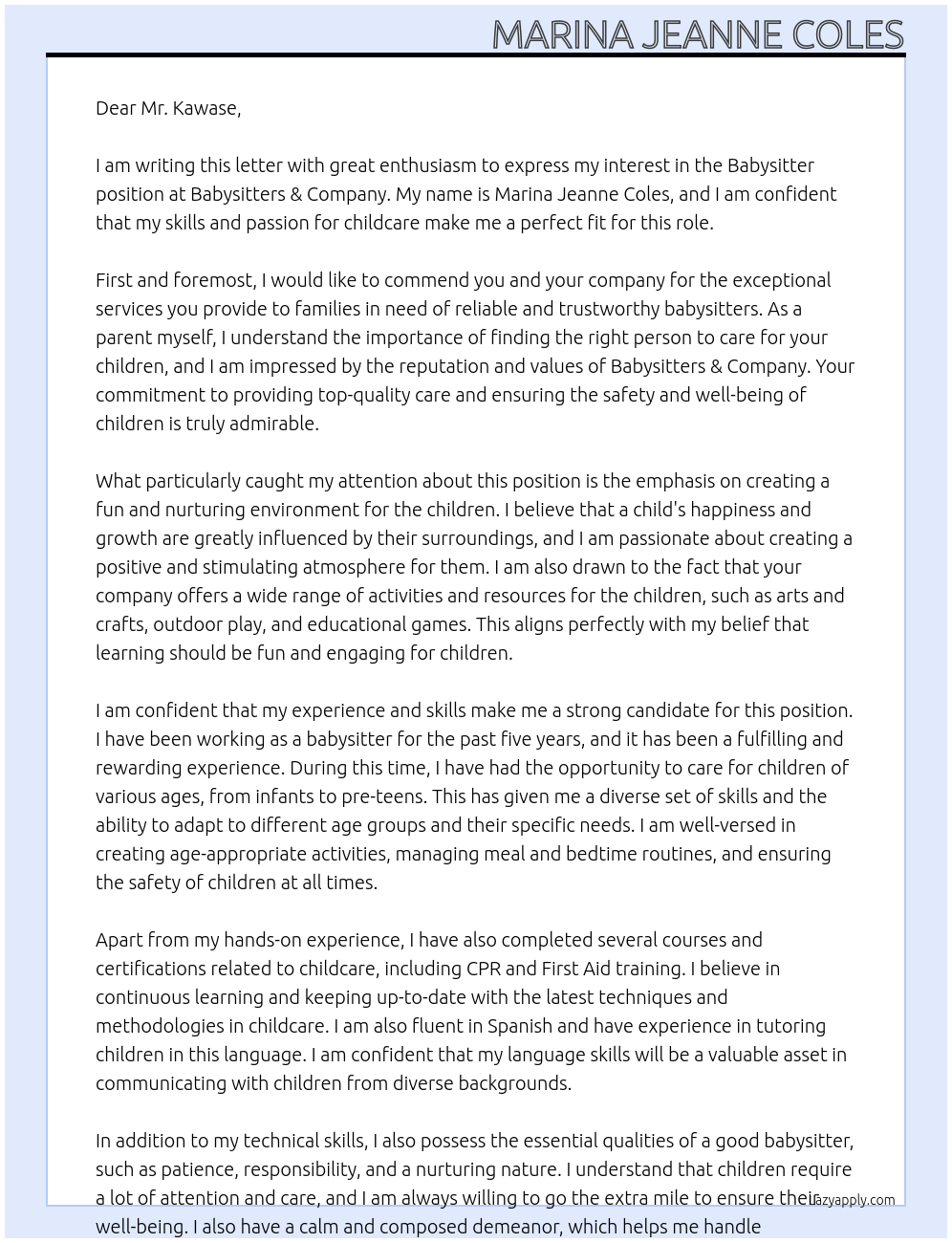 Babysitter At babysitters & company Cover Letter